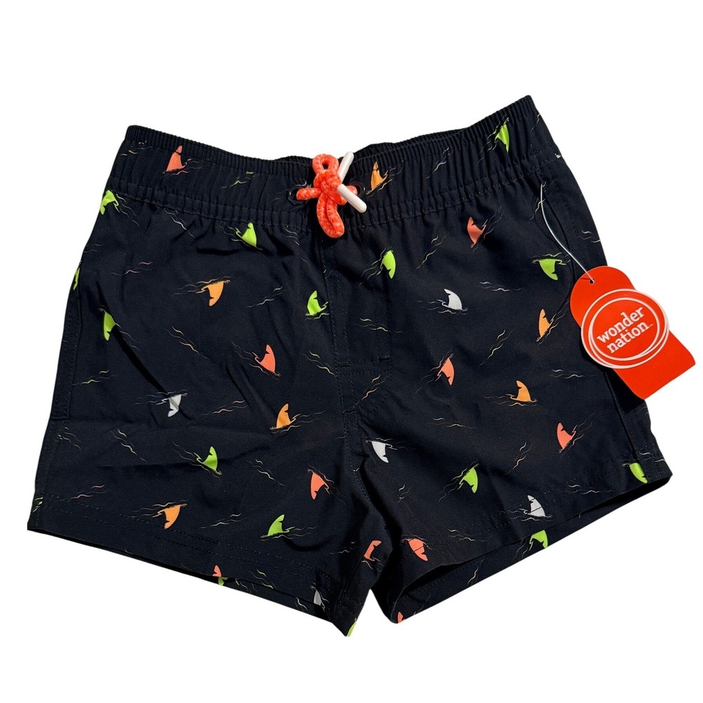 Wonder Nation Swim Shorts Boys XS 4-5 Black Shark Fin Print UPF 50+ Trunks